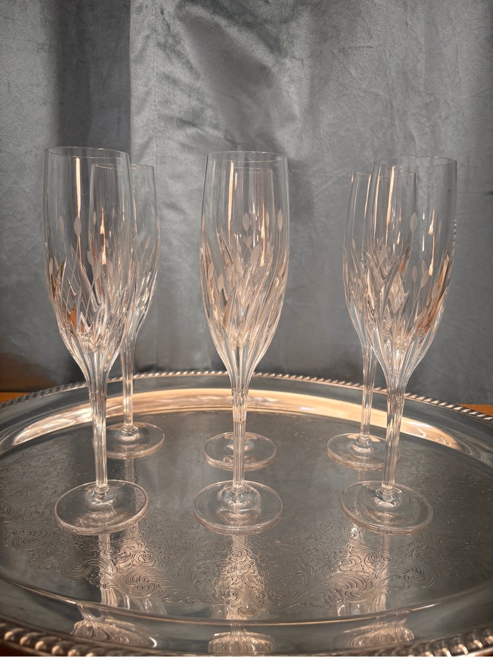 Noritake Moondust Crystal Champagne Flutes Set of 6 Etched Cut Stemware